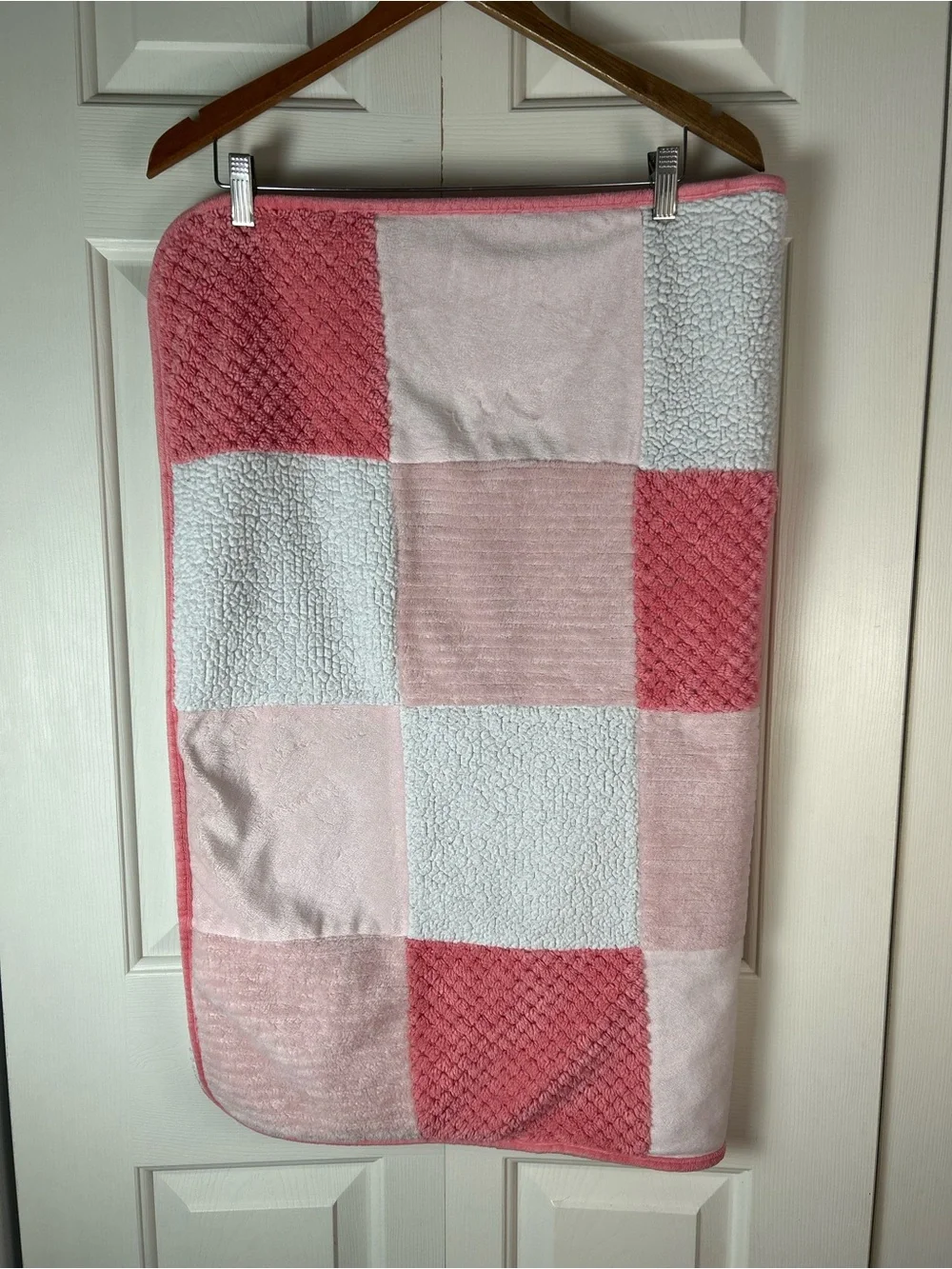 Parent's Choice Pink White Patchwork Squares Baby Blanket Sherpa Coral Peach